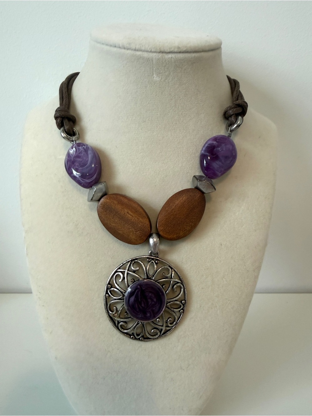 Bohemian Purple and Wood Statement Necklace